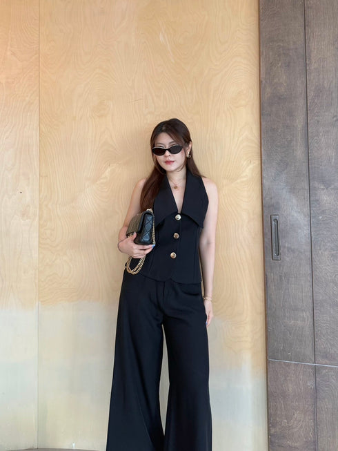 Two Piece Turn Down Collar Single Breasted Button Top with Trouser